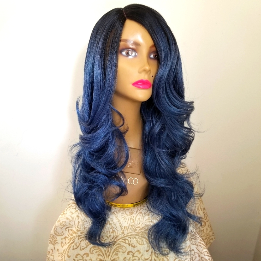 20 Inches Sky Clue Long Wavy Human Blend Wig